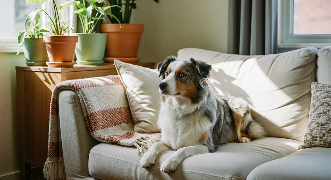 An Australian shepherd with a merle coat on a cozy sofa