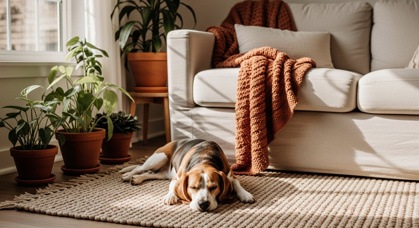 A beagle resting on the rug in a cozy living room