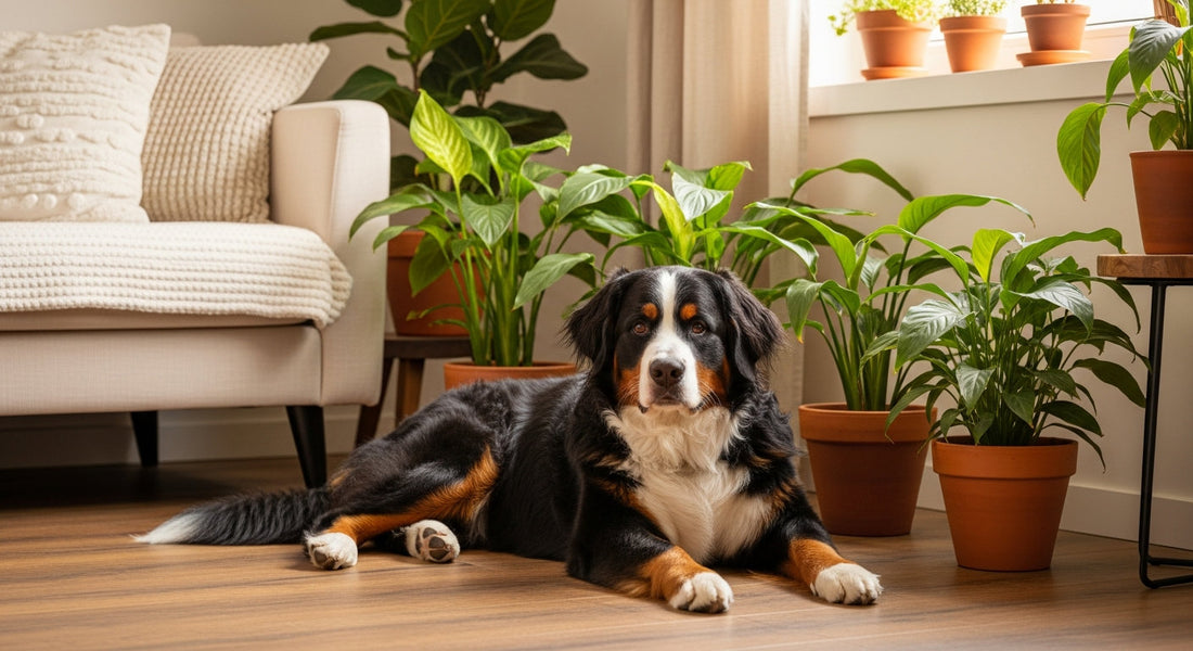 A Bernese Mountain Dog resting in a cozy, plant-filled living room