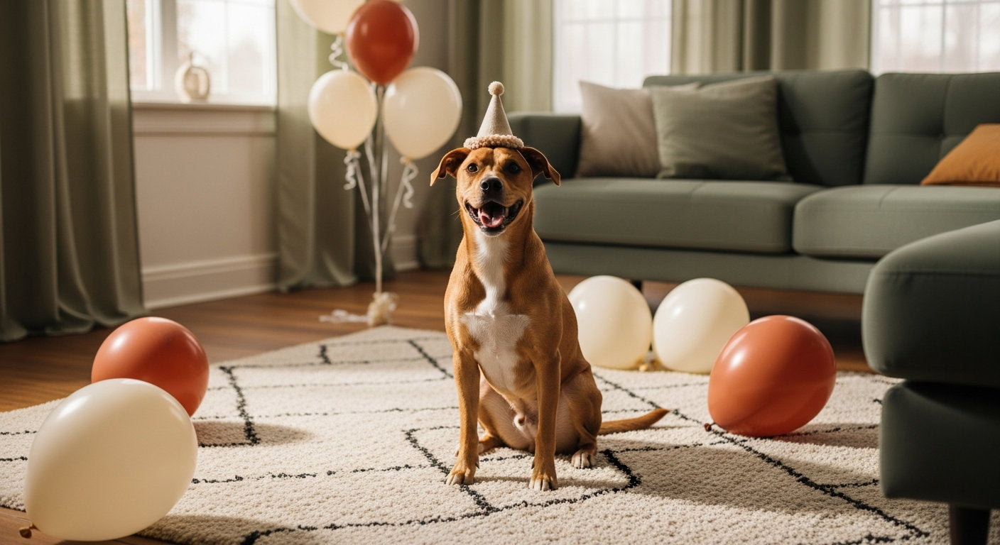 A happy dog in a small party hat in a festive cozy living room