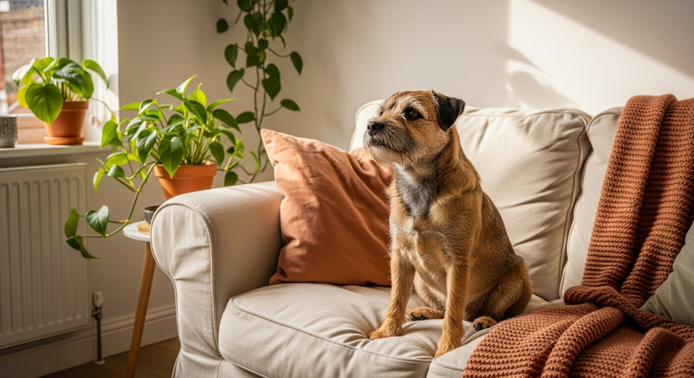 A Border terrier sitting alertly in a cozy living room