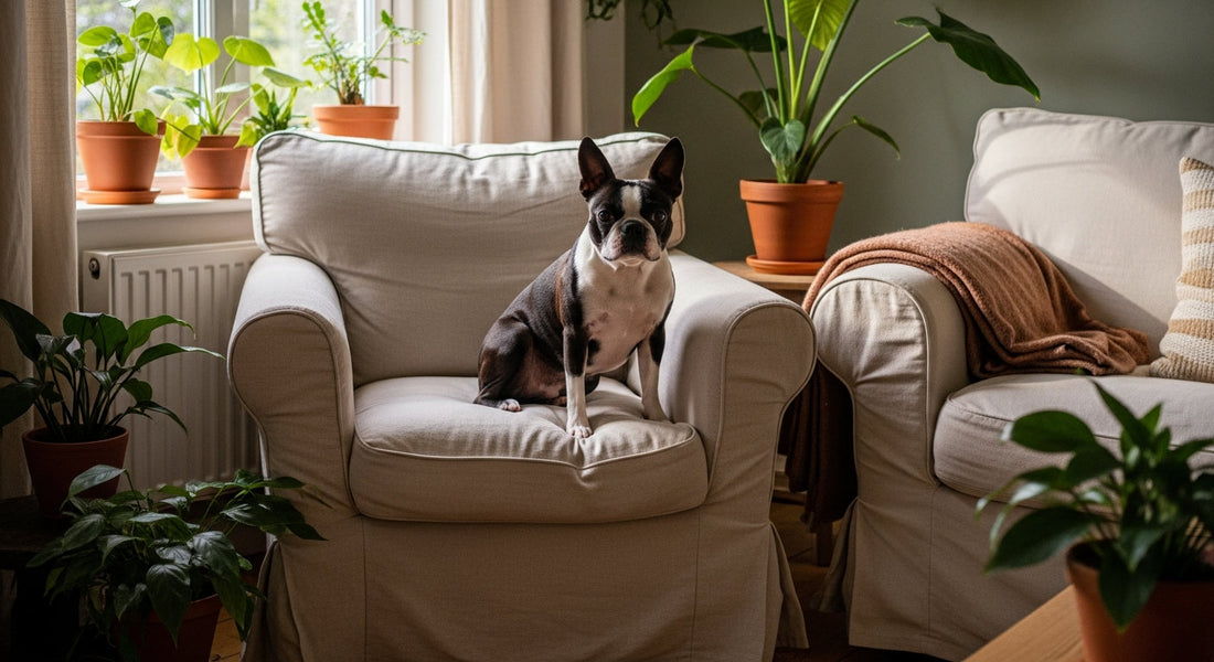 A Boston terrier on a cozy armchair in a warm living room