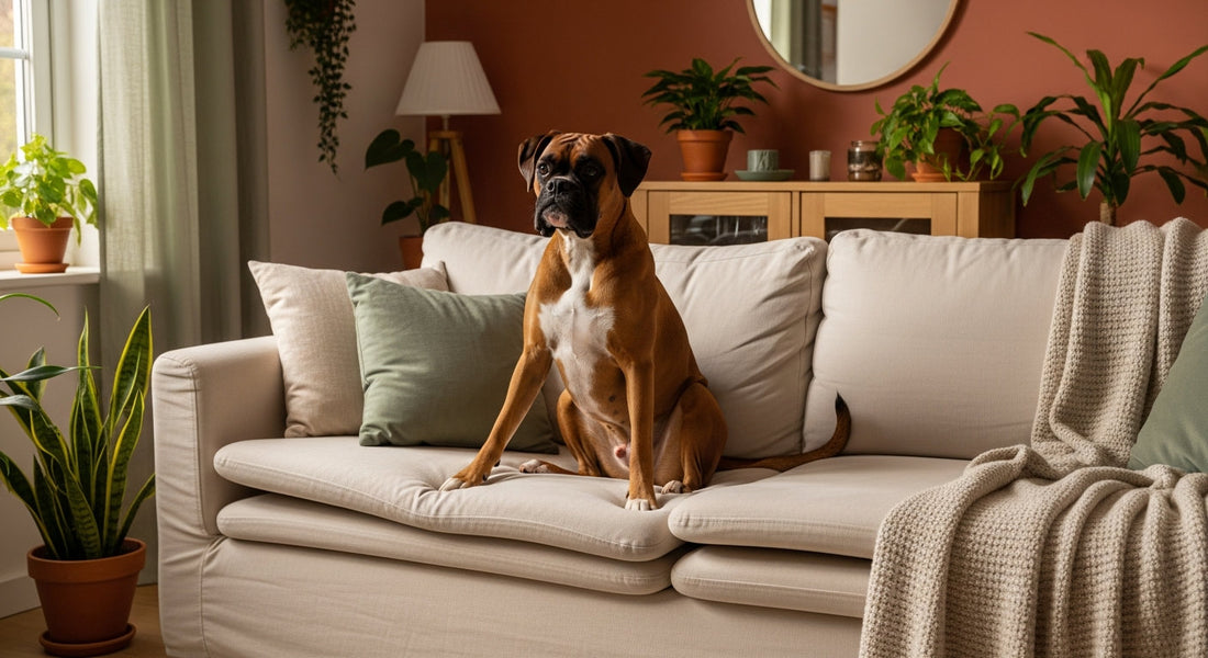 A Boxer sitting playfully in a warm living room