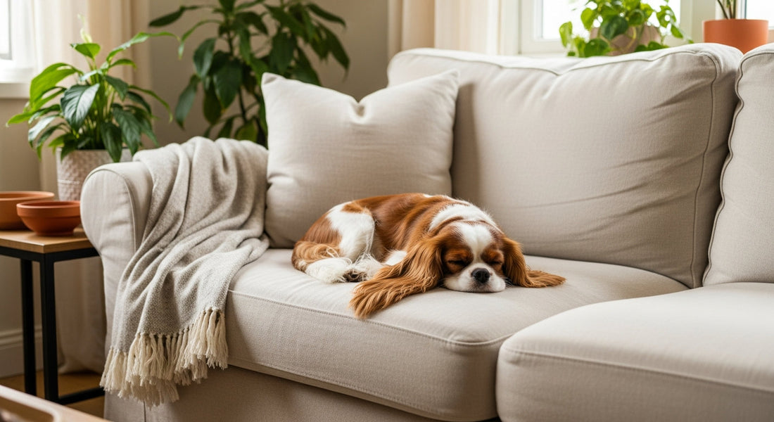 A Cavalier King Charles Spaniel napping on a cream sofa