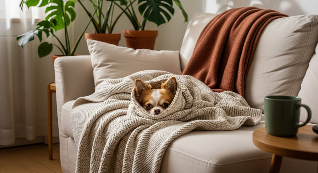 A chihuahua burrowed into a knit blanket on a cozy sofa