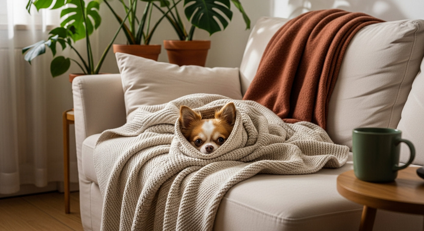 A chihuahua burrowed into a knit blanket on a cozy sofa