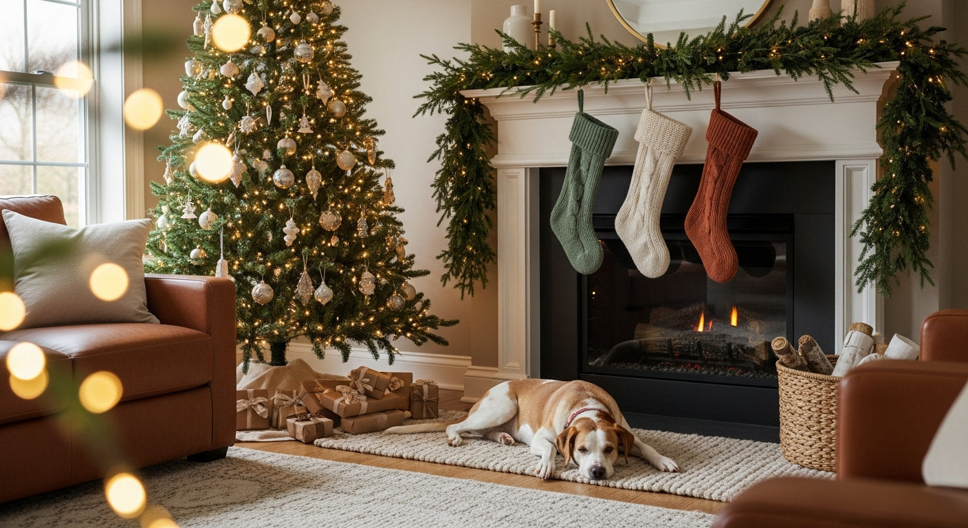 A cozy living room decorated for Christmas with a dog resting nearby