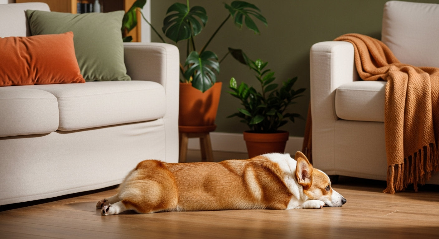 A corgi doing a sploot on the floor of a warm living room