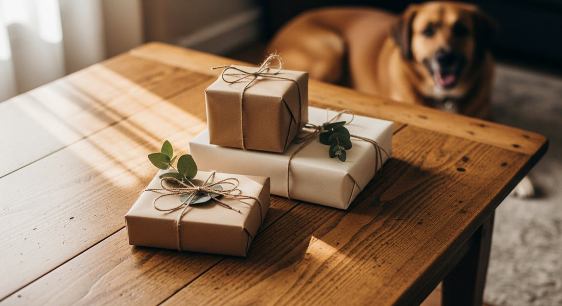Wrapped dog-lover gifts with eucalyptus on a wood table, a dog in the cozy background