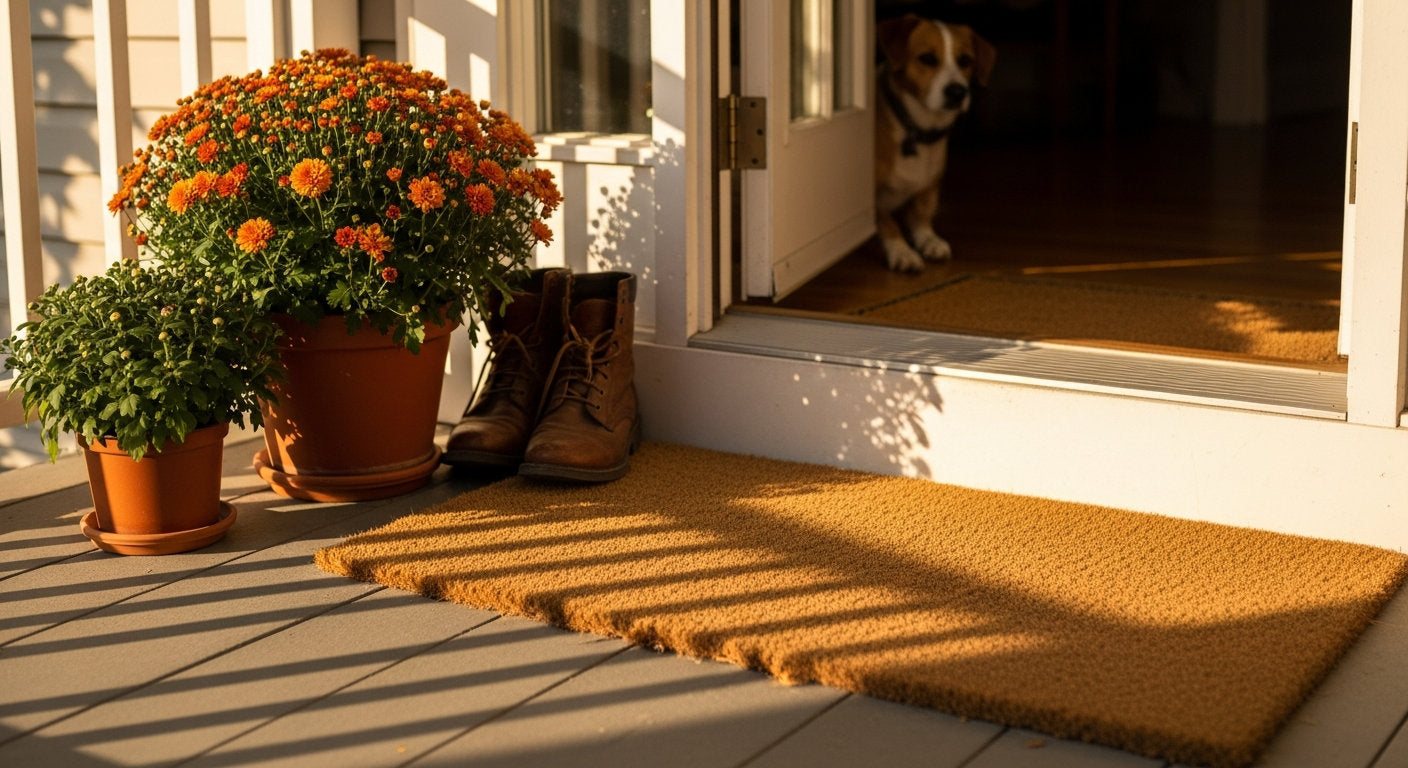 A welcoming front porch with a coir doormat and a dog in the doorway
