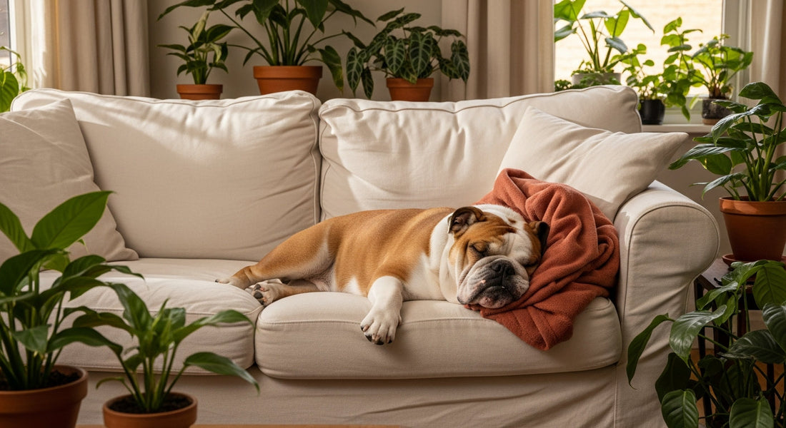 An English bulldog lounging on a cream sofa