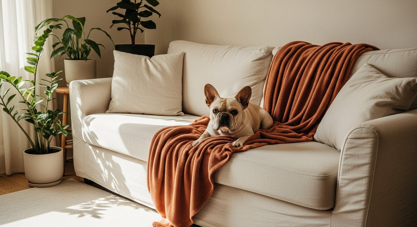 A French bulldog lounging on a cream sofa with a terracotta throw