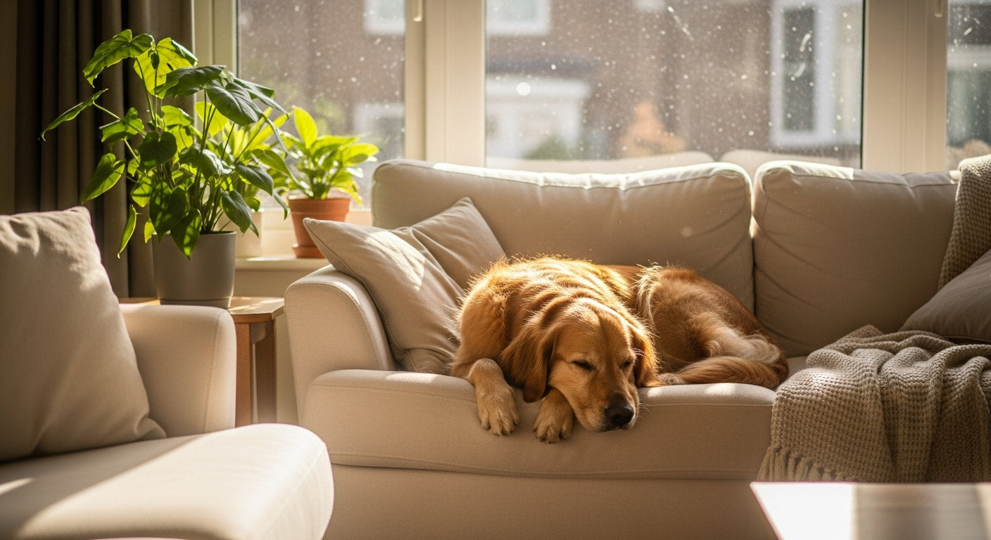 A golden retriever relaxing on a sofa in a warm, sunny living room