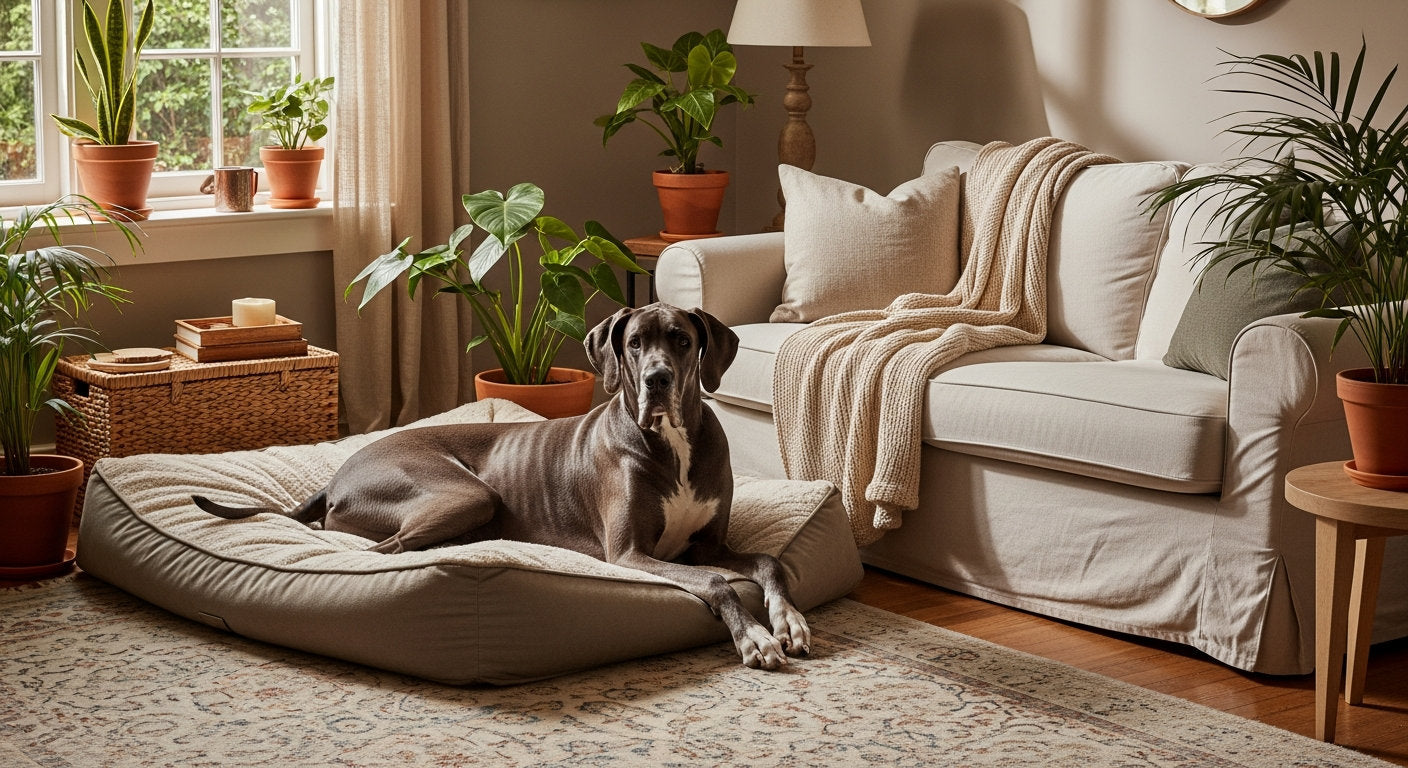 A Great Dane resting on a large dog bed in a cozy living room