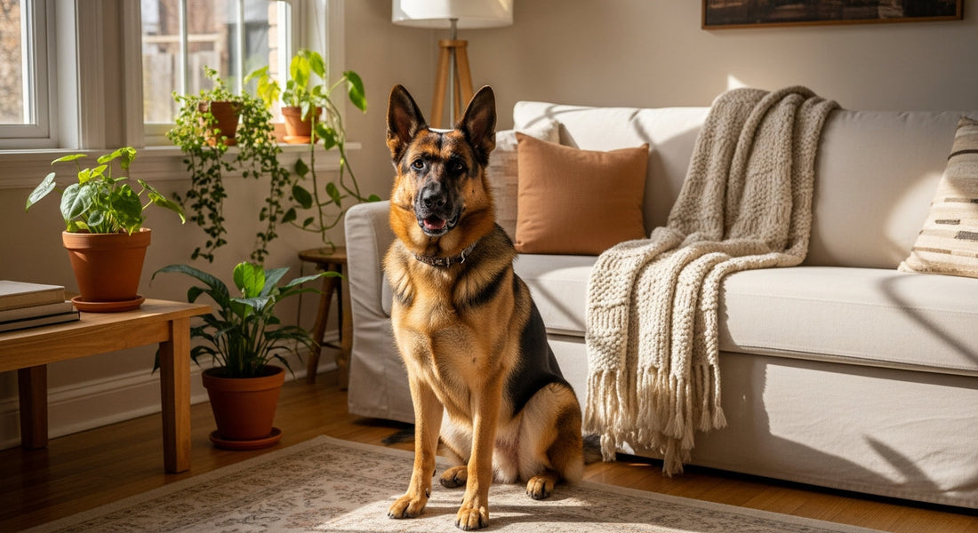 A German shepherd sitting alert in a cozy, plant-filled living room