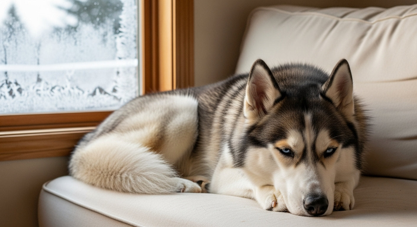 A Siberian husky resting by a frosty window in a cozy living room