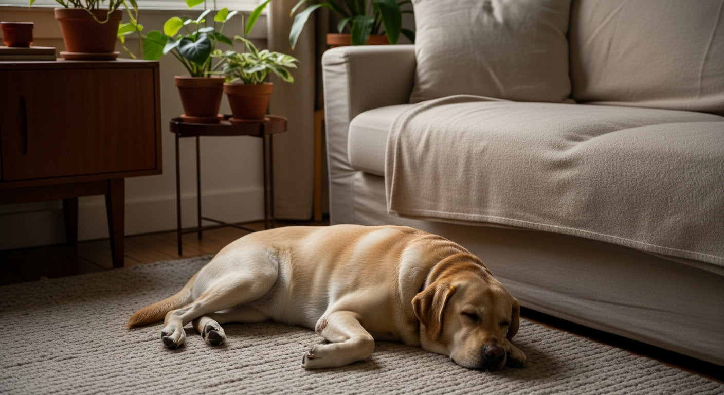 A yellow Labrador resting on the rug in a cozy living room