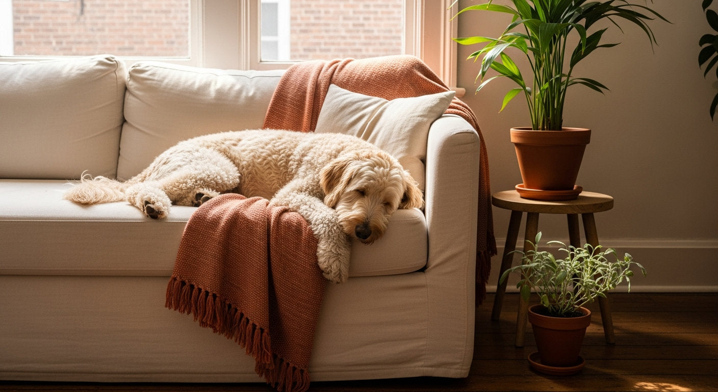 A cream labradoodle resting happily in a cozy living room