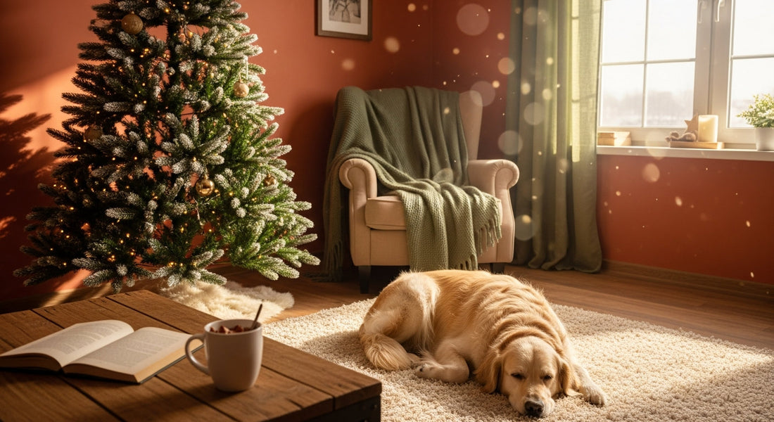 A decorated Christmas tree in a cozy living room with a dog resting nearby