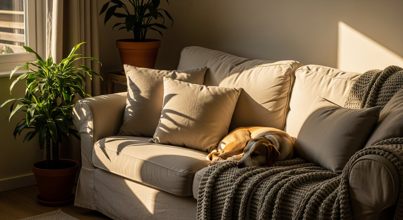 A cozy living room sofa with throw pillows and a napping dog