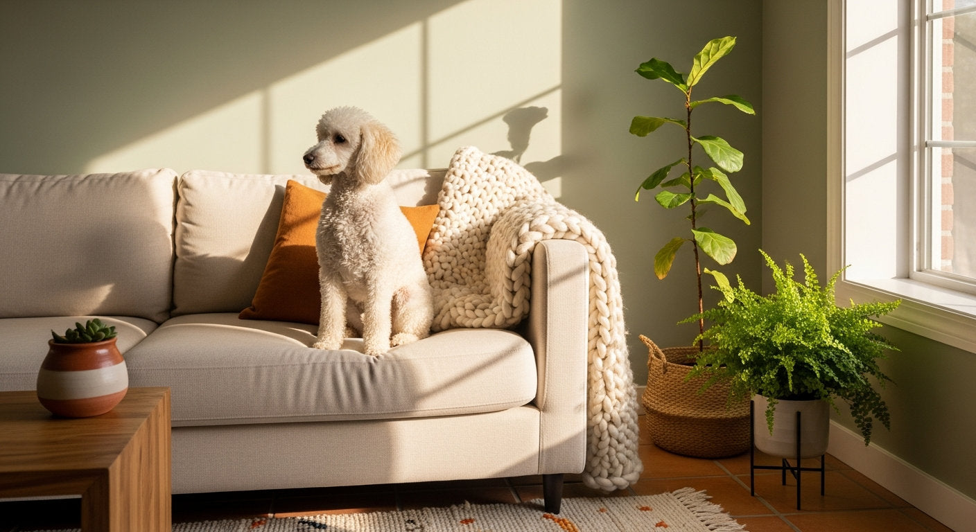 A poodle sitting elegantly in a warm, sunny living room