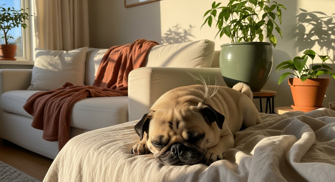 A pug napping on a blanket in a sunlit living room