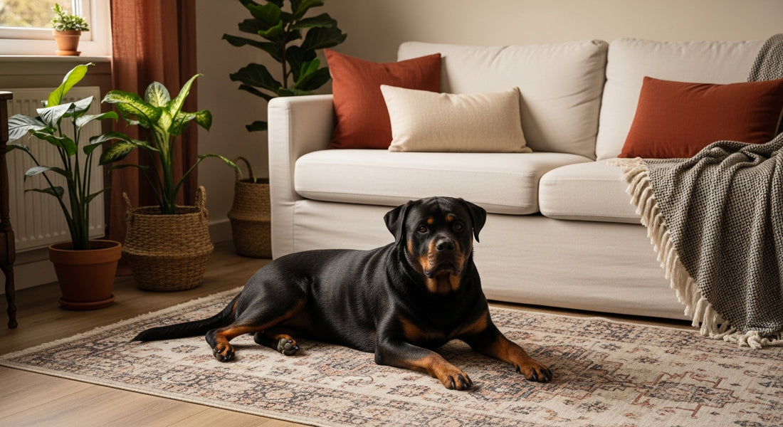 A Rottweiler resting on the rug in a cozy living room