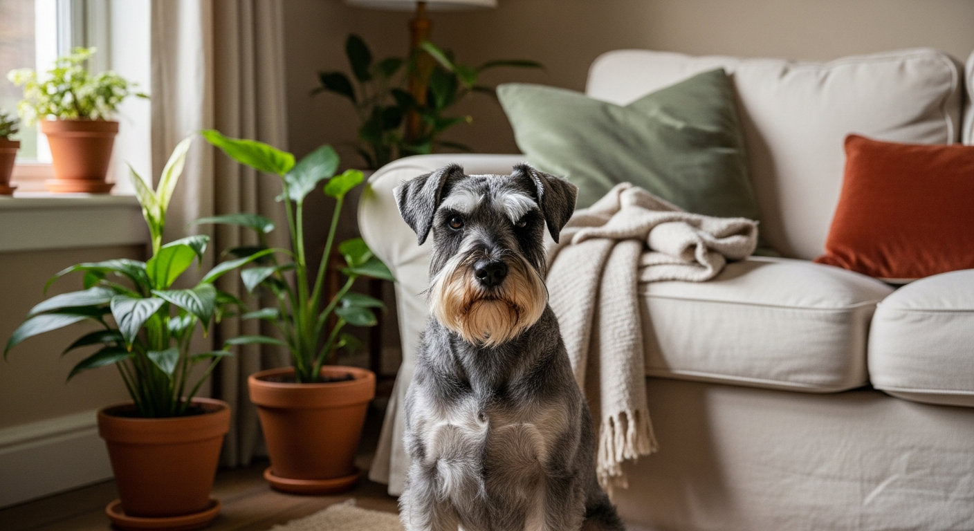 A salt-and-pepper Schnauzer sitting alertly in a cozy living room