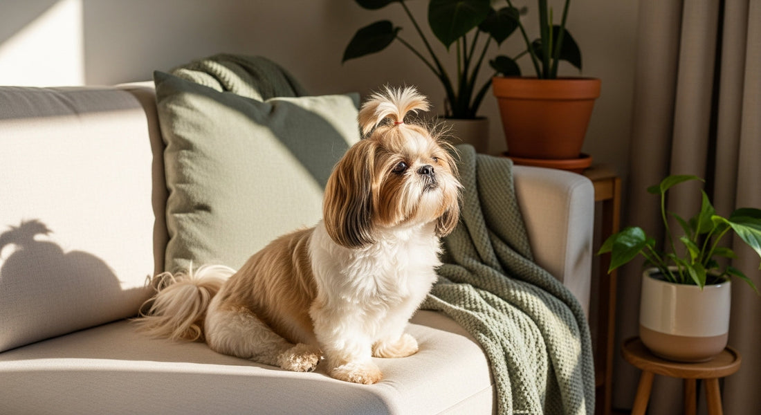 A Shih Tzu with a flowing coat resting on a cozy sofa