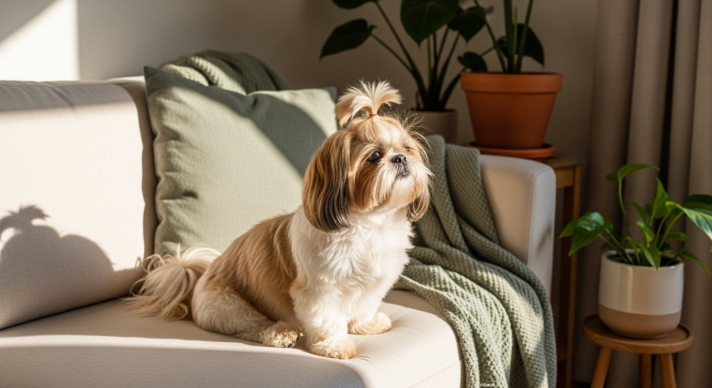 A Shih Tzu with a flowing coat resting on a cozy sofa