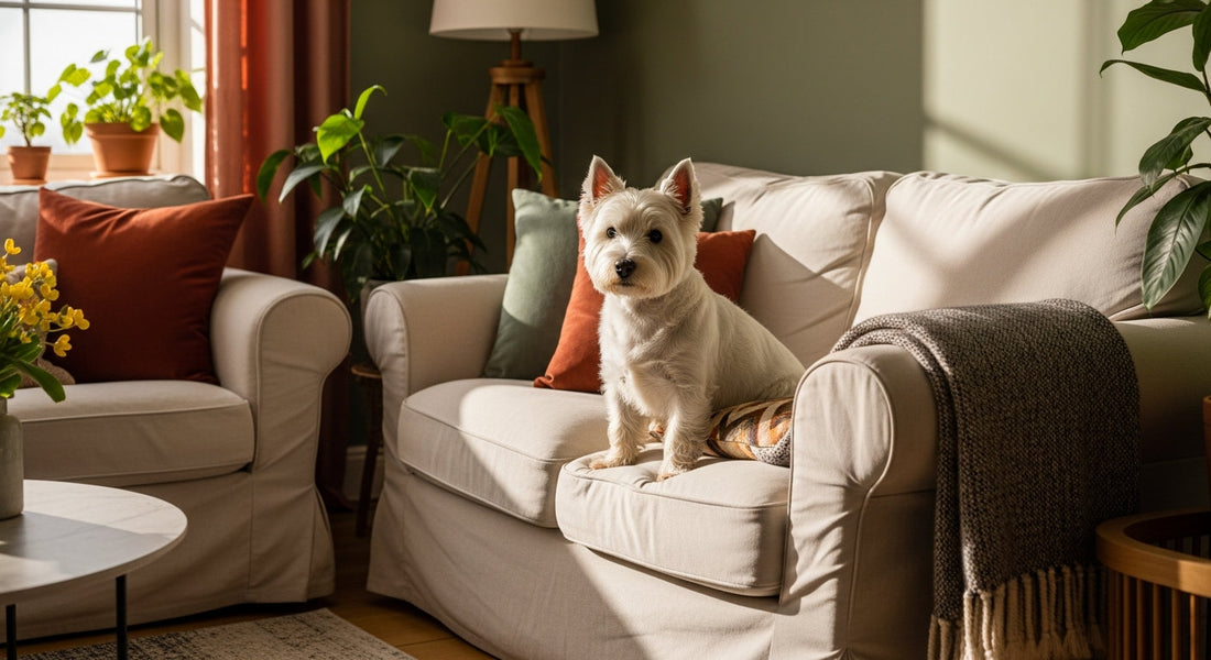 A West Highland White Terrier perched on a cushion in a cozy room