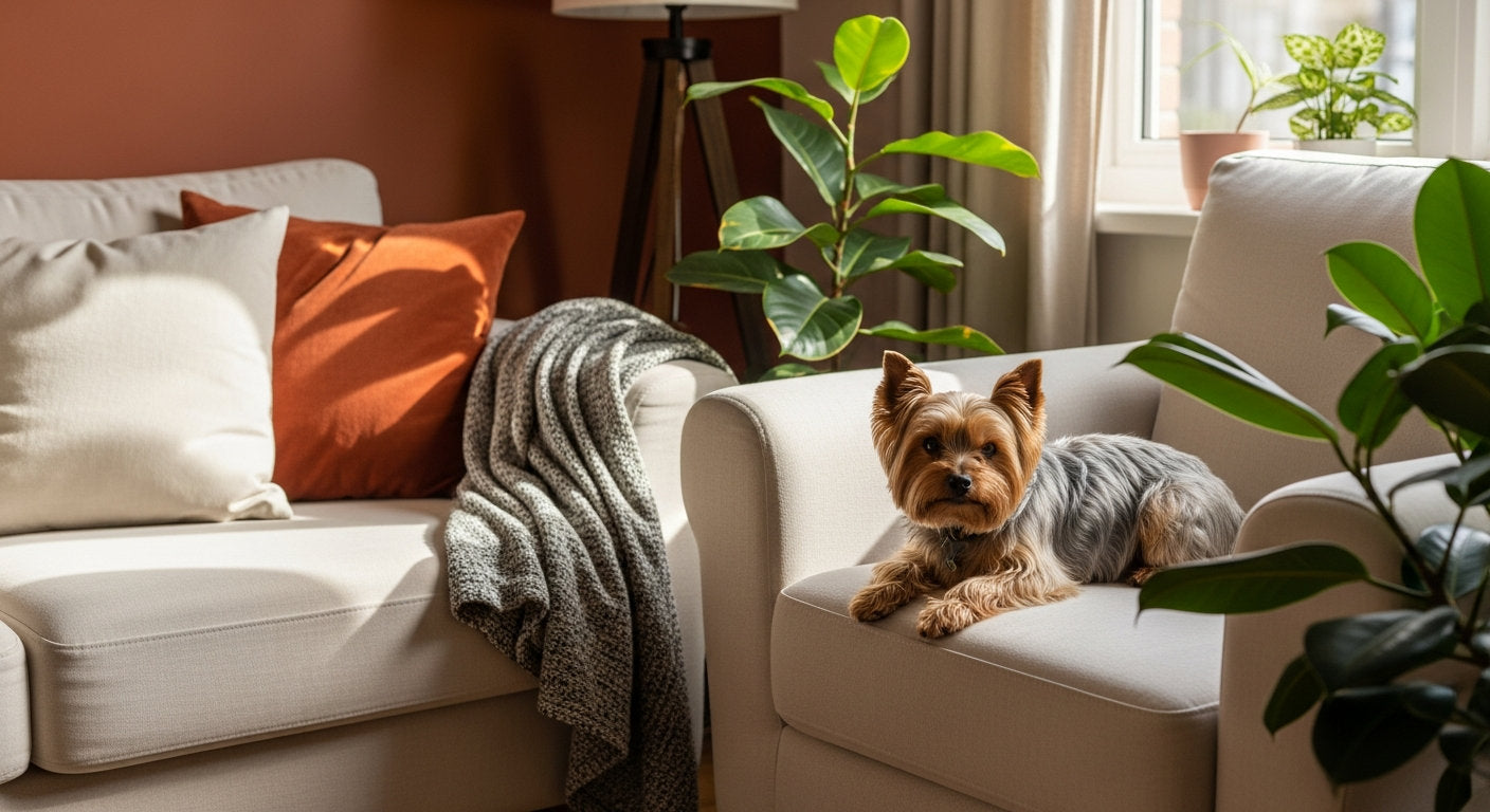 A Yorkshire terrier resting on a cozy armchair