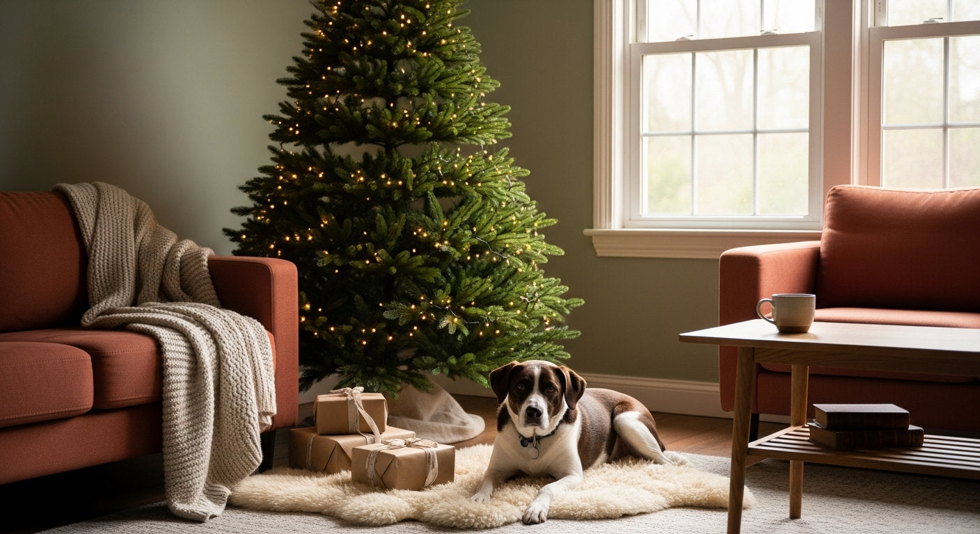 A dog resting by a decorated Christmas tree with wrapped gifts in a cozy living room