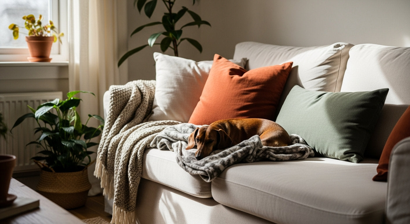 A dachshund curled up on a soft blanket in a warm, cozy living room