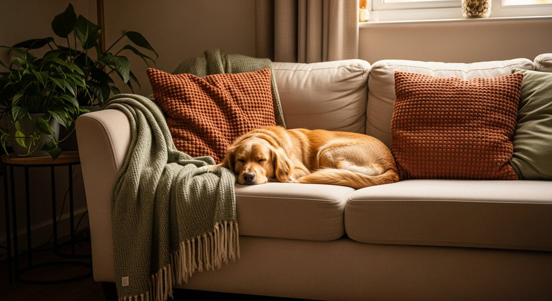 A happy dog resting its chin on a cream armchair in a cozy, sunlit living room