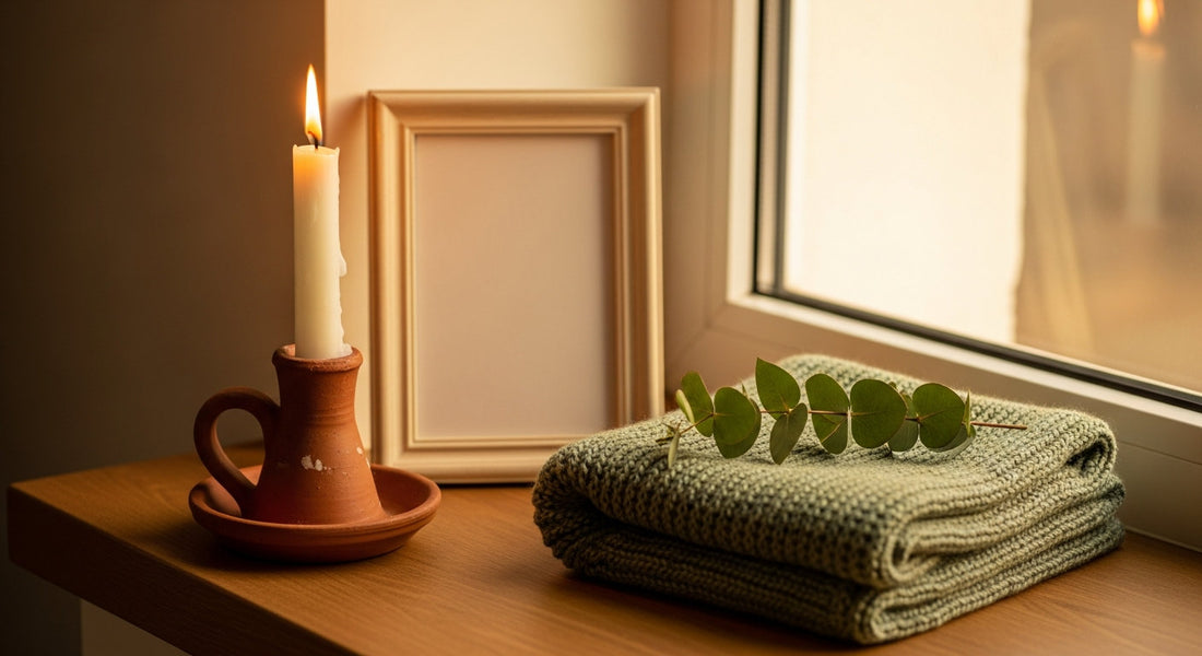 A quiet tribute scene: a lit candle, a blank frame and a folded blanket in soft golden light