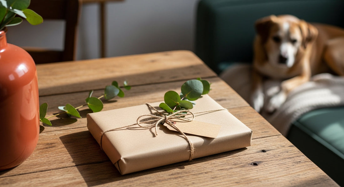 A wrapped gift with twine and eucalyptus on a wood table, a dog softly in the background