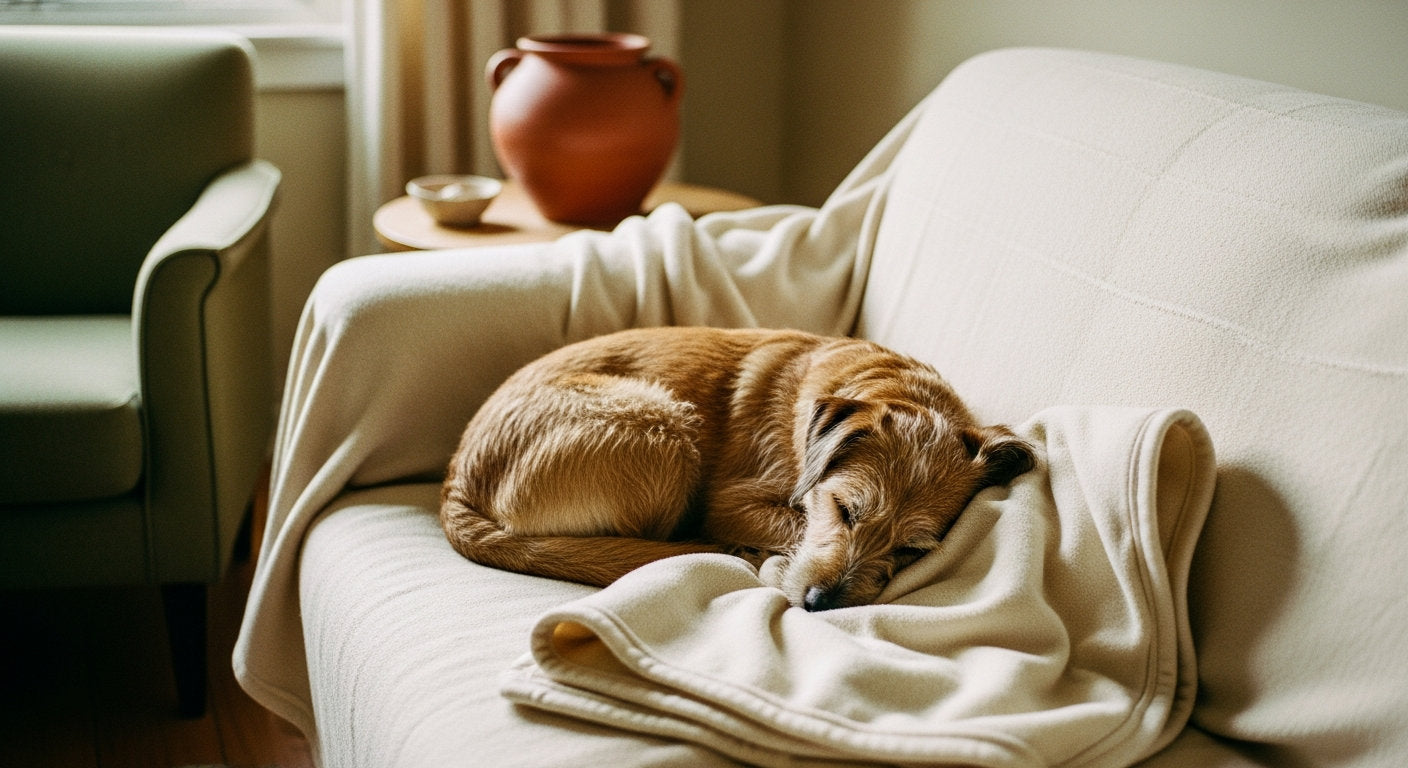 A medium-size dog curled up asleep on a cozy living-room couch beneath a soft, plain folded throw blanket in warm natural light.