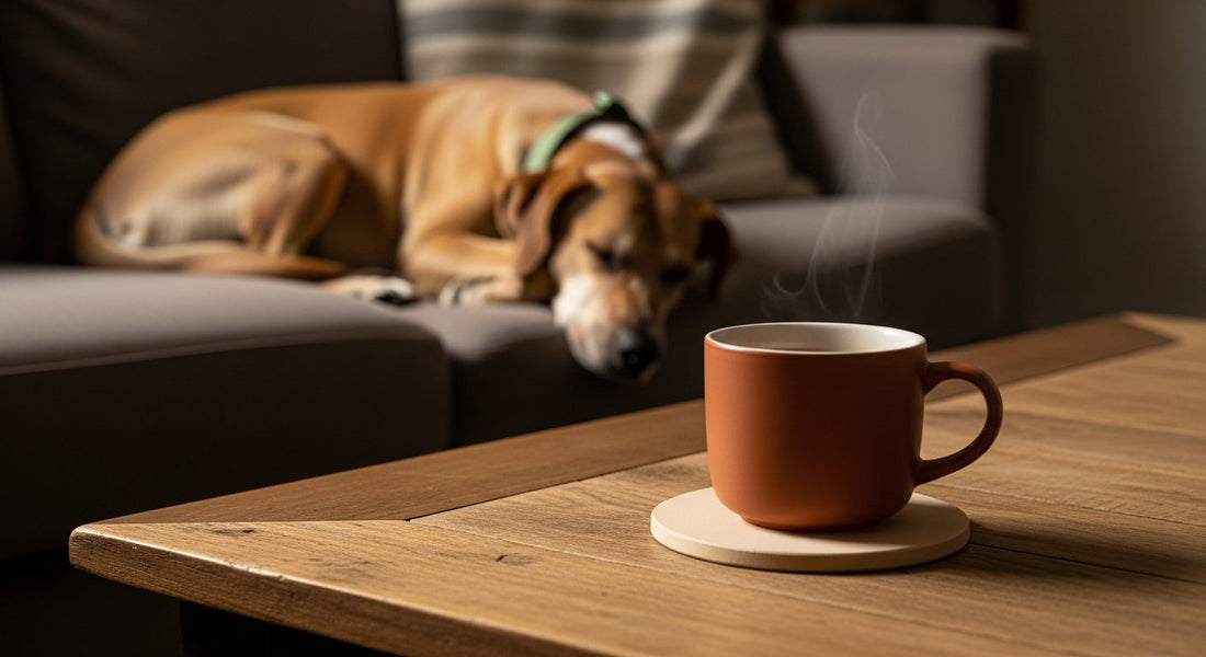 A steaming mug rests on a plain round coaster on a wooden coffee table while a fawn dog dozes on the sofa behind it in warm evening lamplight.