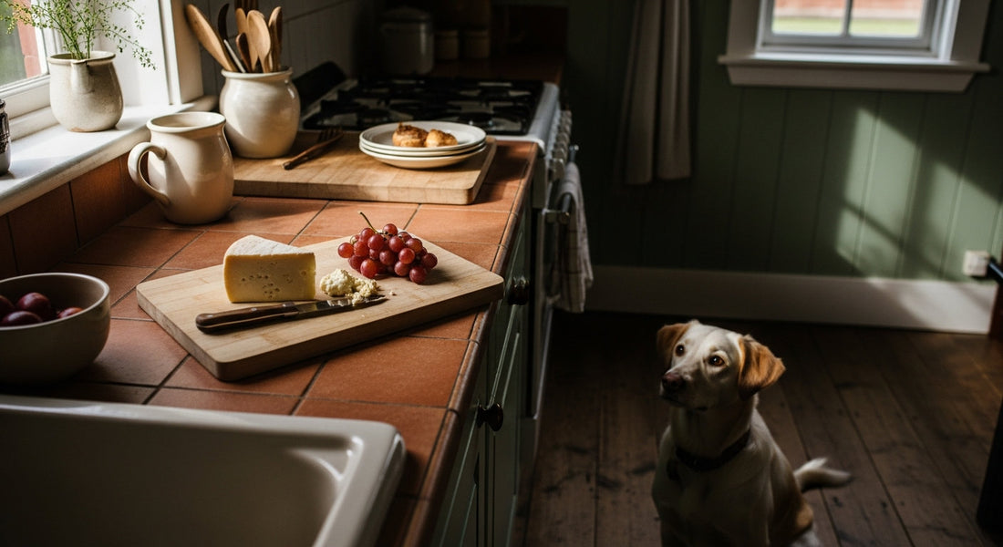 A hopeful beagle sits on a rustic kitchen floor watching a plain wooden cutting board topped with cheese and grapes in warm window light.