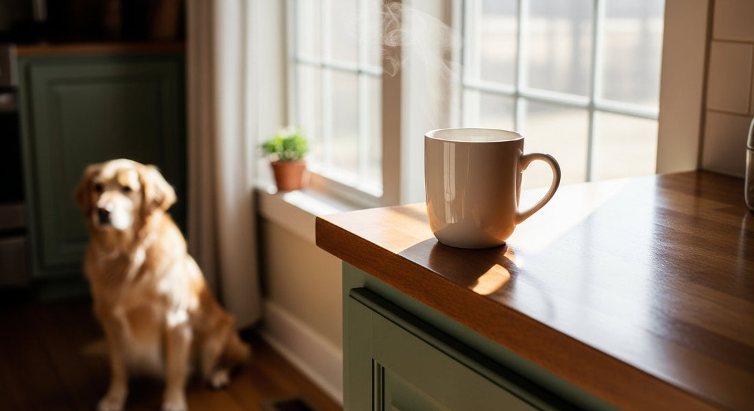 A golden retriever sits on a sunlit kitchen floor beside a wooden counter where a plain ceramic mug of coffee steams in the morning light.