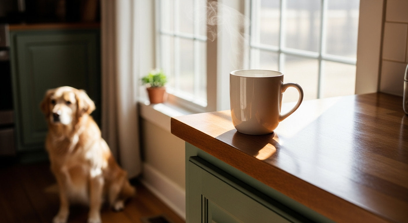 A golden retriever sits on a sunlit kitchen floor beside a wooden counter where a plain ceramic mug of coffee steams in the morning light.