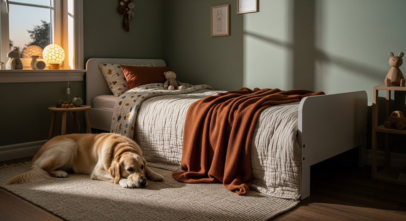 A calm yellow Labrador rests on a rug beside a child's bed in a cozy dusk-lit bedroom, with a warm glowing night light in the corner.