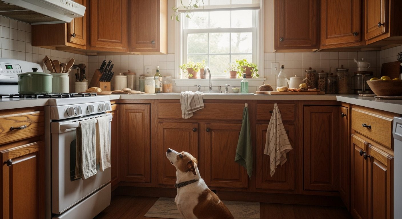 A brown-and-white dog sits hopefully on the floor of a warm, sunlit kitchen with wood cabinets on a cozy cooking day.