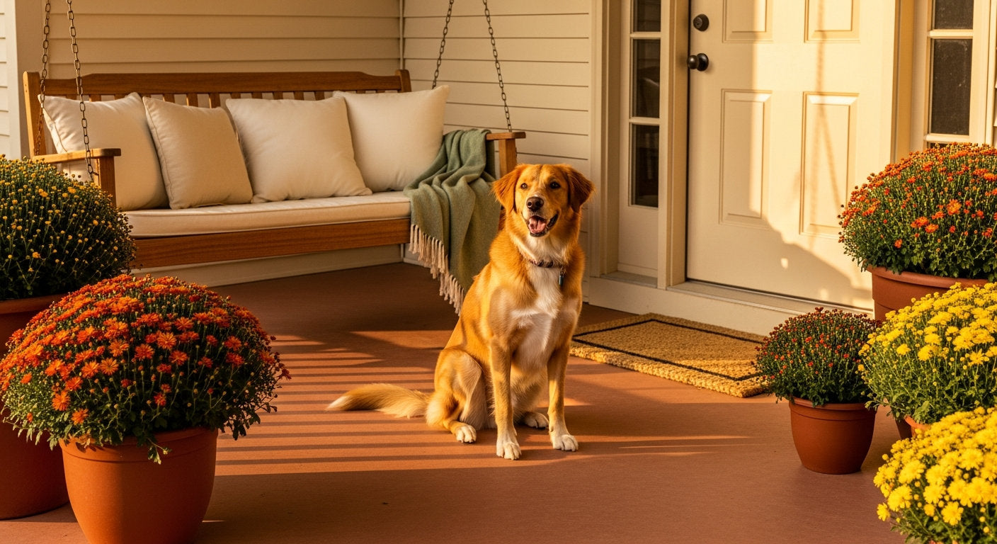 A happy tan dog sits on a warm autumn front porch beside the door, framed by a porch swing and pots of mums in soft golden afternoon light.