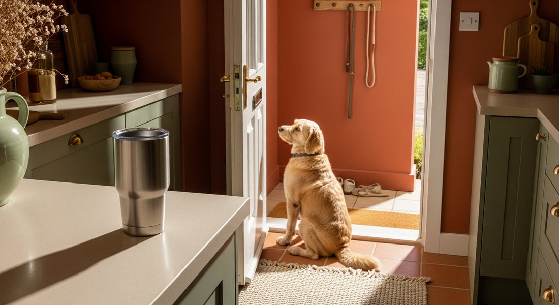 A golden retriever sits by an open door in a bright morning kitchen entryway beside a plain stainless steel insulated tumbler, ready for a walk.