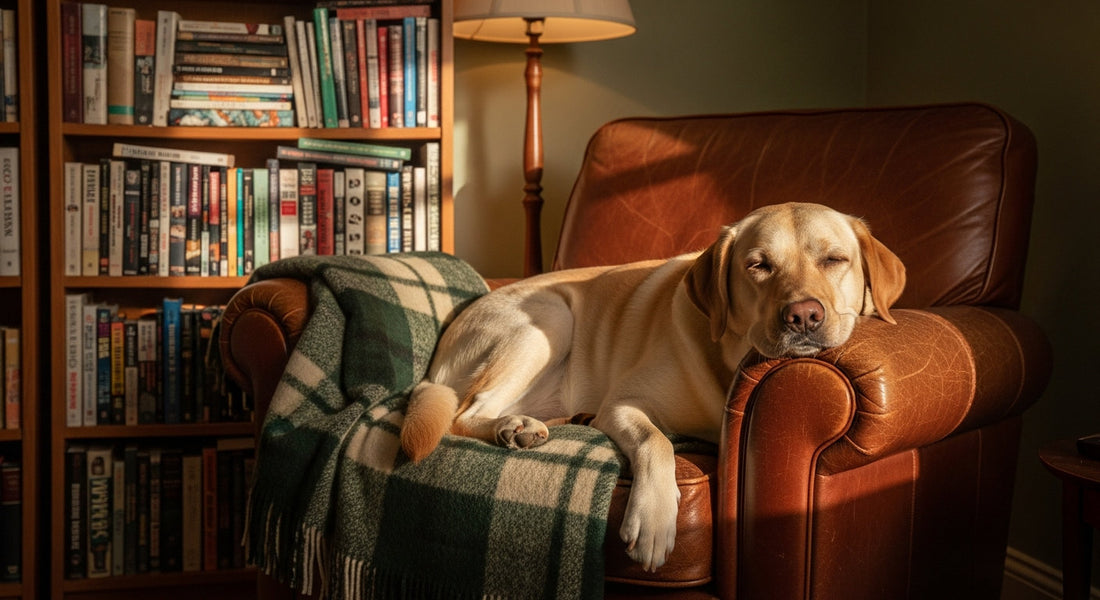 A Labrador resting beside a leather armchair in a warm, cozy den