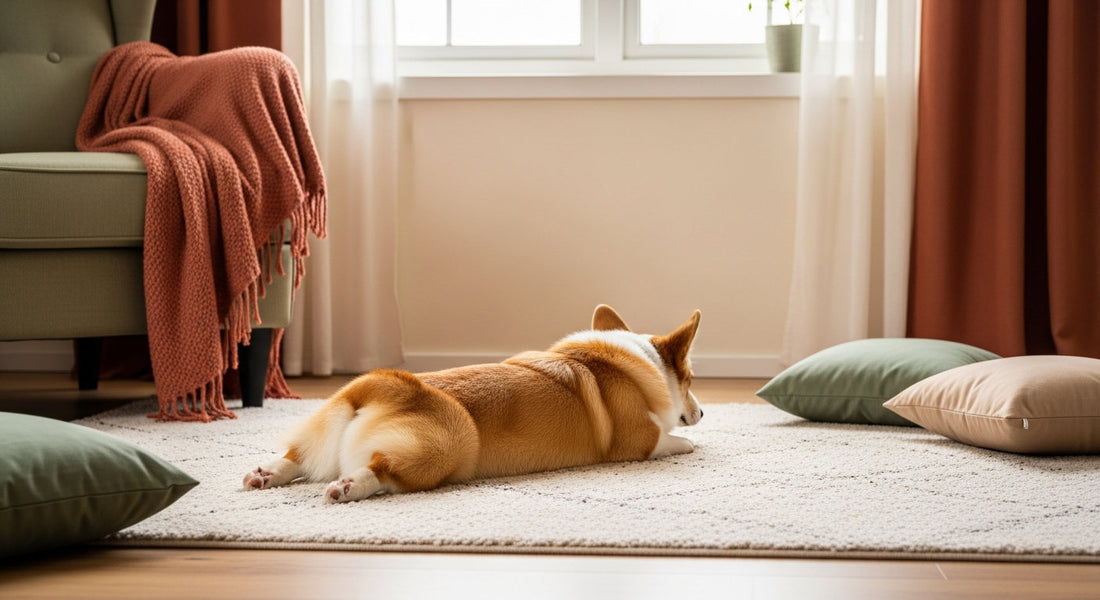A corgi doing a sploot on the floor of a bright, cheerful living room