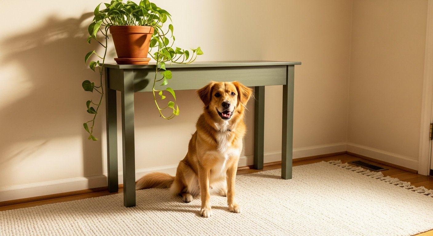 A happy dog sitting by the front door on an entryway rug in a warm, tidy home