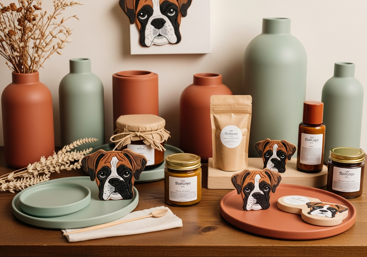 Boxer gifts styled in a warm gift-shop scene